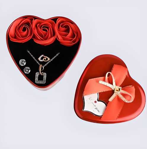 Sparkling Love Jewellery Artificial Flower Heart Red Box Valentine's Gift