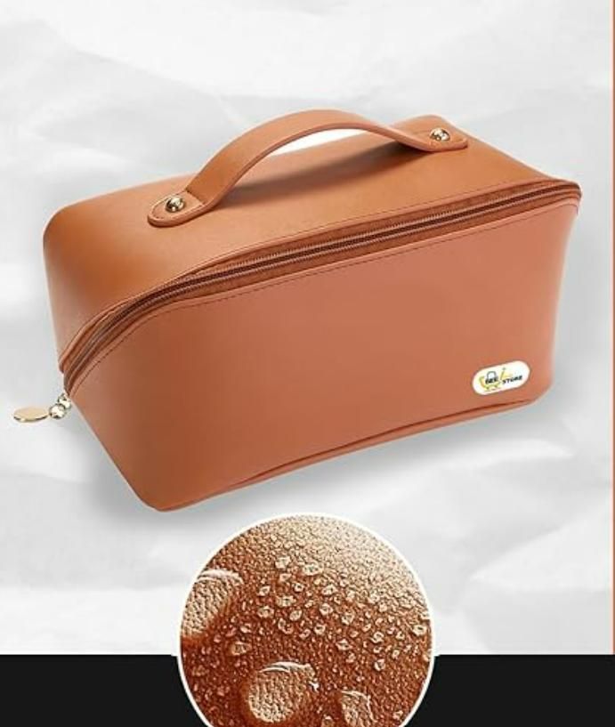 Double-Zipper Leather Cosmetic Travel Bag