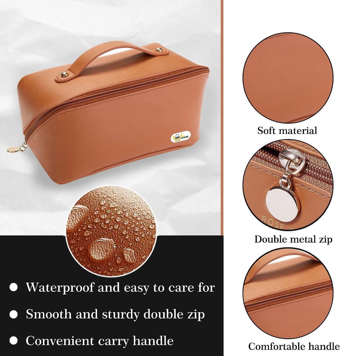 Double-Zipper Leather Cosmetic Travel Bag